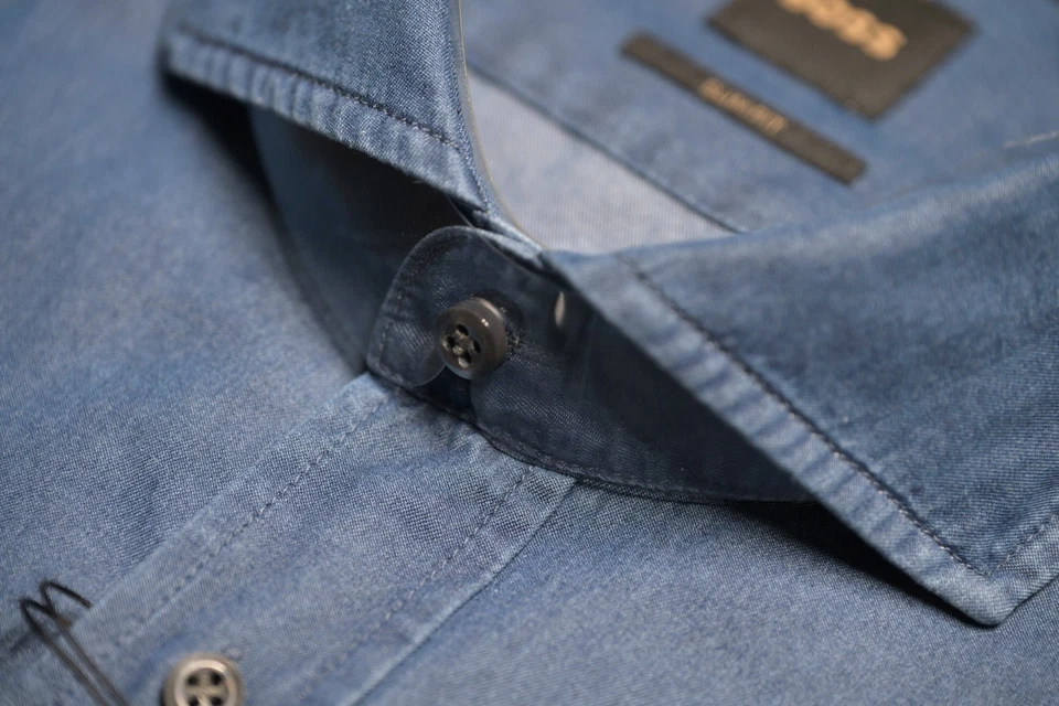 Hugo Boss $278 Men's Hays Spread Slim Fit 100% Cotton Denim Dress Shirt 42 16.5 - Image 4 of 4