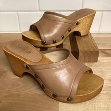 Vtg 90s Y2K Bongo Wooden Platform Clogs Boho Studded Tan Leather Mules Slides 5