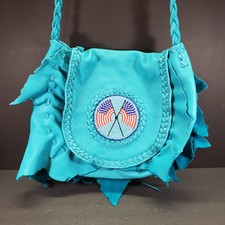 Native American Paiute Beaded Leather Turquoise Color USA Flag Cross Body Bag