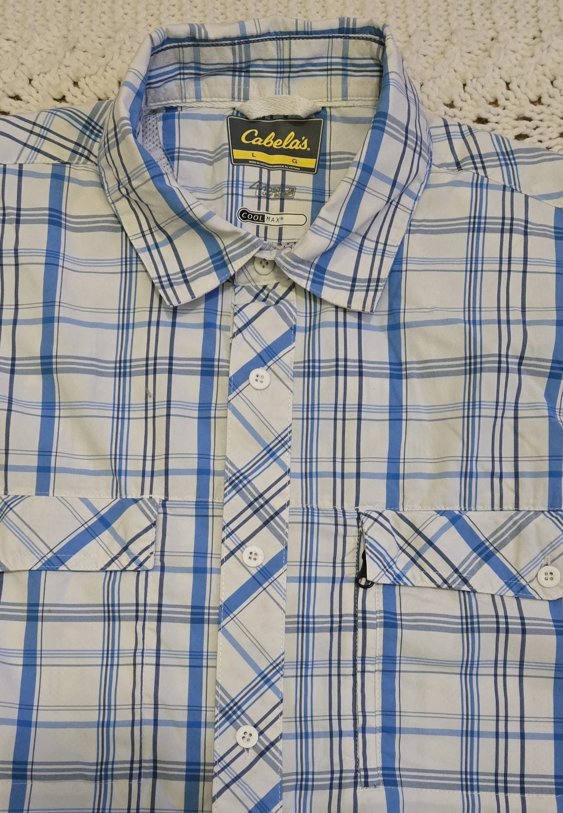 Cabela’s CoolMax Mens Plaid Shirt L Blue Quick Dry Short Sleeve Outdoor Fishing