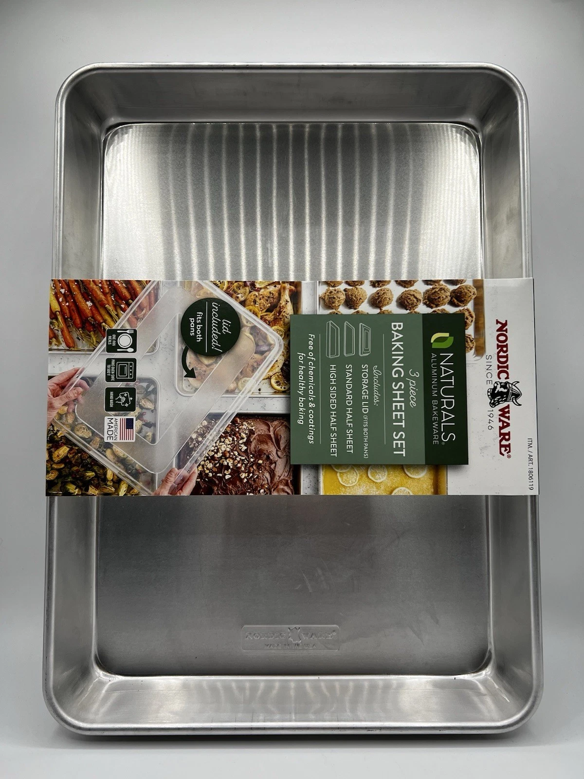 Nordic Ware Naturals 3 Piece Baking Sheet Set Aluminum Pans Lid USA New Sealed