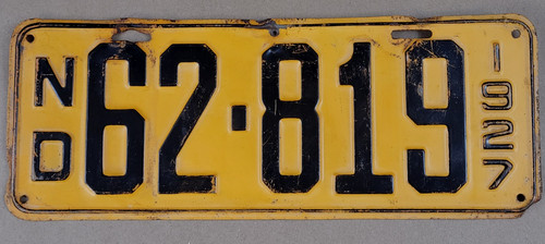 1927 North Dakota License Plate ND 62-819 Low Number Shorty 12 7/8" x 4 7/8"
