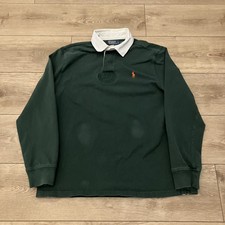 1990s Polo Ralph Lauren Rugby Shirt Mens Large Green Long Sleeve Orange Pony