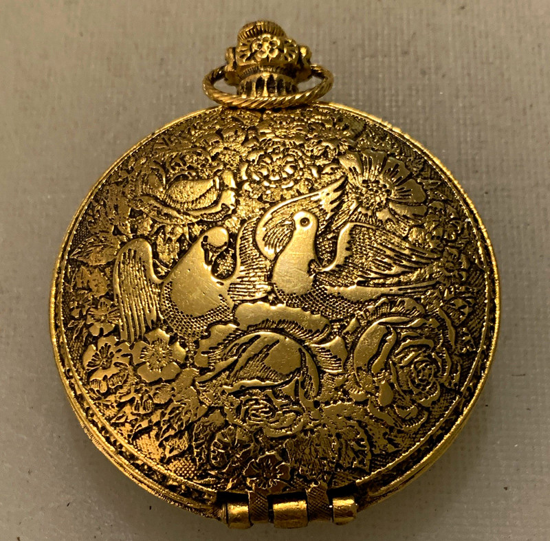 Gold Tone Round Hinged Vanity Compact Mirror w/ Powder Puff Bird Floral Design