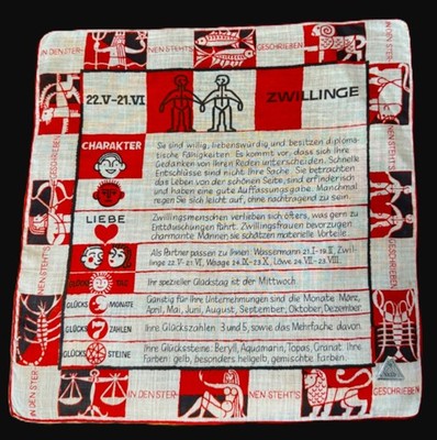 MWT NELO Vtg. German Zodiac Horoscope Hanky ZWILLINGE Gemini Twins EXC