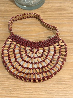 Beaded Semi-Circle Top Handle Bag Geometric Pattern Brown Red Bohemian Women's