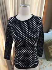 Ann Taylor Loft Navy Blue White Polka Dot 3/4 Crew Neck Sweater Small EUC