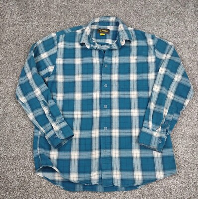 Cabelas Shirt Men Medium Blue Plaid Flannel Button Down Hike Camp Fish Outdoor