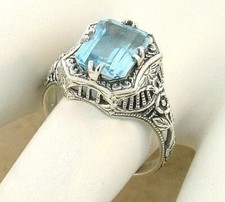 ART DECO STYLE GENUINE SKY BLUE TOPAZ 925 STERLING SILVER FILIGREE RING   174X