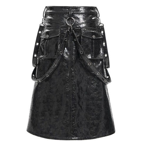 Devil Fashion Men Black Gothic Punk Rock Eyelet Strap Synthetic Leather Skirt - Picture 13 of 20