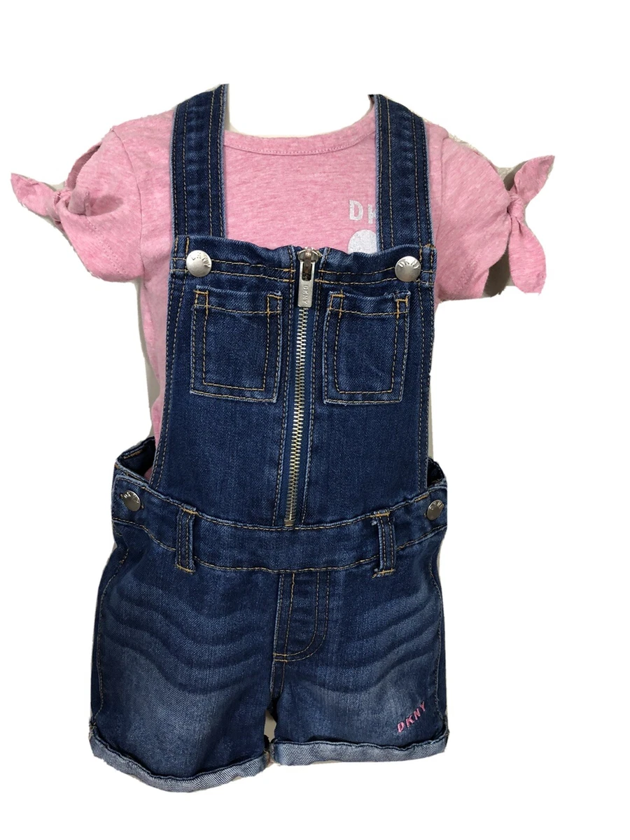 DKNY Toddler Girls Size 2T Denim Bib Overalls Outfit Shirt Shorts Romper