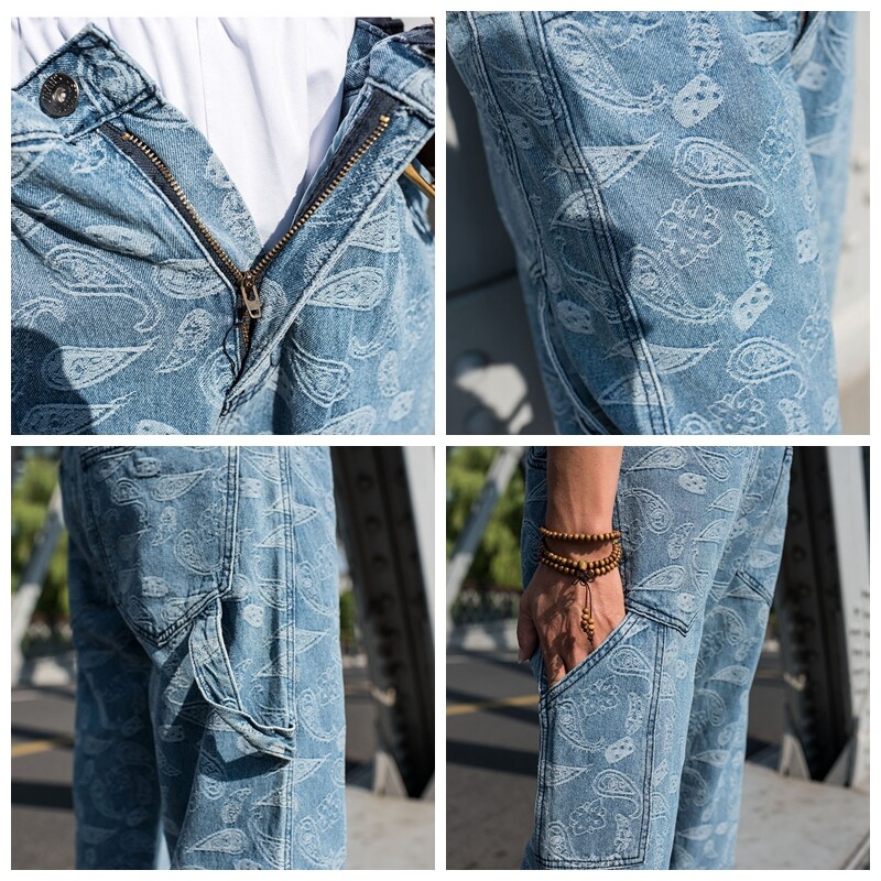 Men Loose Jeans Retro Style Paisley Print Denim Pants Plus Size