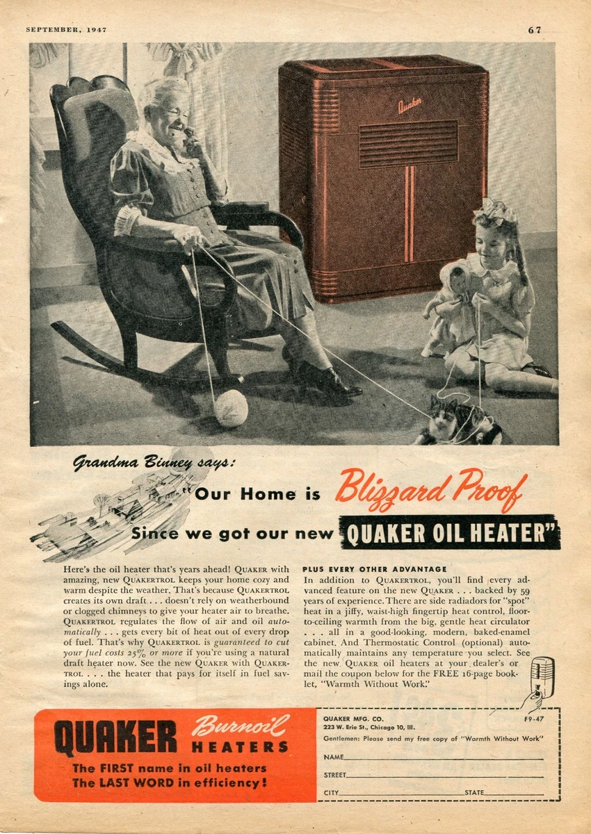 1947 Print Ad of Quaker Mfg Co Quakertrol Oil Heater with Grandma Binney |  eBay