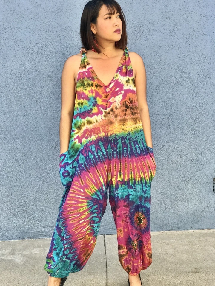 Mono de algodón hecho a mano para mujer Tie Dye playa boho hippie se adapta a ajuste pequeño a través de bo Foto 3 de 4