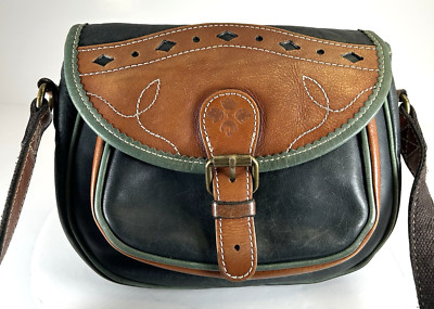 Patricia Nash Italian Leather Chios Crossbody Saddle Bag Blue Brown Bag Magnet