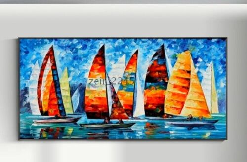 Large Sailboat OilPainting 100%Handmade Canvas Colorful Harbor Painting Nautical - Picture 1 of 3