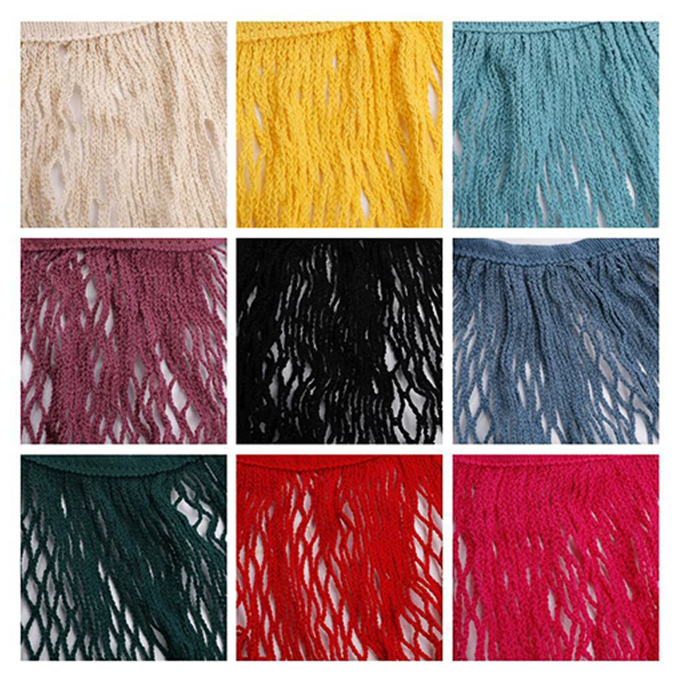 Reusable Cotton Mesh Grocery Bags Foldable Long Handle Net Tote Bag shopping。 - Image 3 of 4