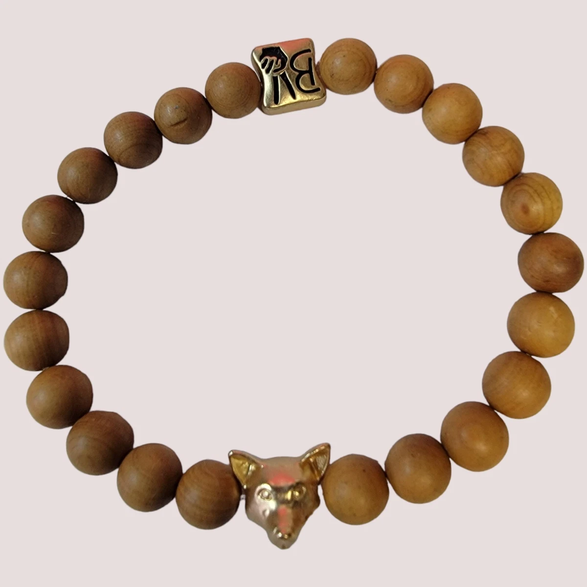 Buena Vida Light Brown Wood Beads Brushed Gold Tone Fox Bead Stretch Bracelet
