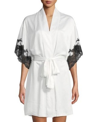NATORI Plume Wrap Short Robe White w/ Black Lace M XL MSRP $160 NEW