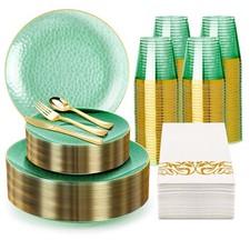 350PCS Green Gold Plastic Dinnerware Set, Green and Gold Plastic Plates, Incl...