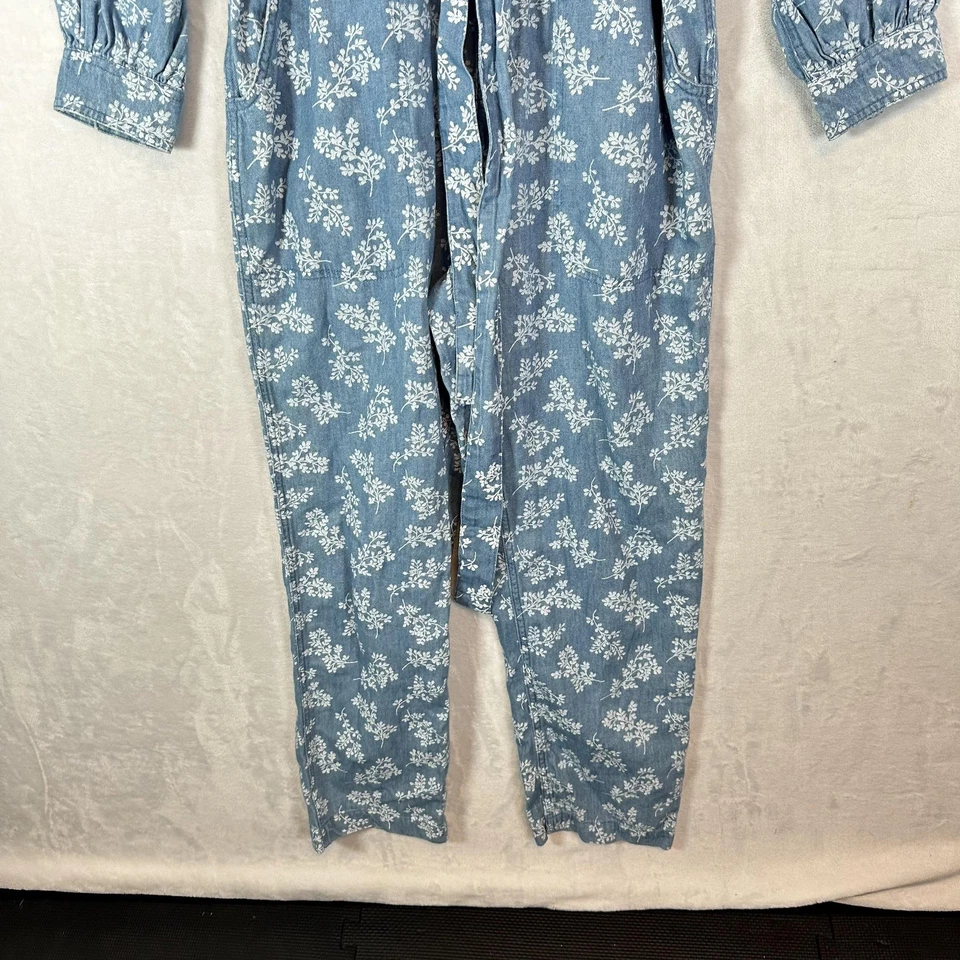 Antiguo Mono Azul Marino Para Mujer Mediano Azul Denim Floral Traje de Caldera Cinturón Algodón Foto 4 de 4