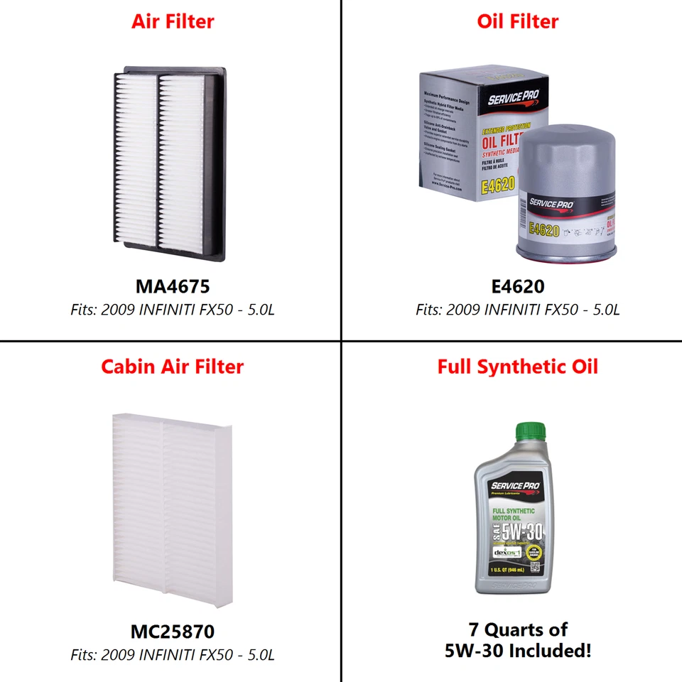 2009 INFINITI FX50 5.0L Complete Air, Oil & Cabin Filter Kit (5W-30) — 第 2/4 张图片