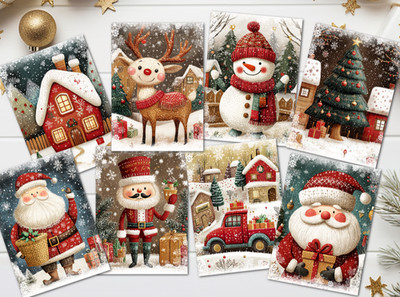 8 Weihnachtskarten Topper Primitive Volkskunst Stil Kartenherstellung Dekoration - Set A