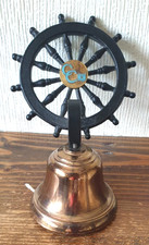 Vintage Maritime Decorative Wall Mounted Black Cast Metal Ships Wheel Bell.