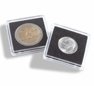 2 x quadratische Münzschutzkapsel schwarz verstellbar Schaumstoffeinlage Ringe 20mm-40mm