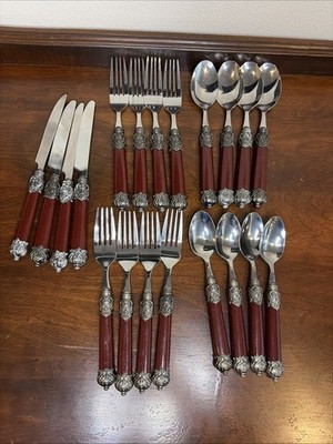 Ambience Stainless Flatware Burgundy Handle Lot Of 20 Service For 4