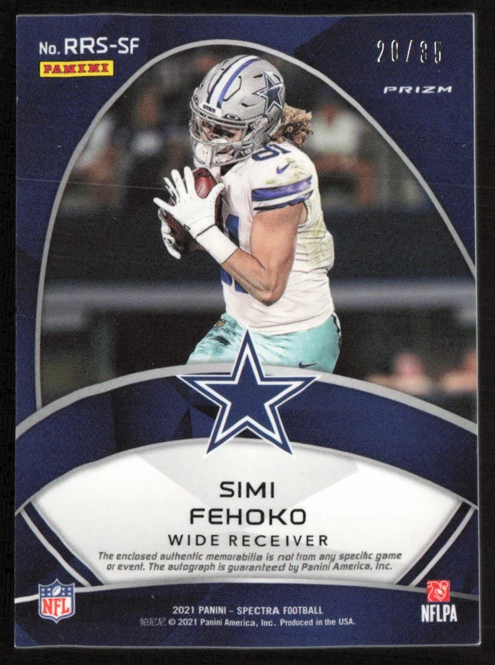 2021 Spectra Rookie Patch Signatures Neon Green /35 Simi Fehoko #RRS-SF Cowboys - Image 2 of 2