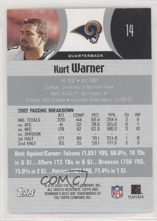 2003 Bowman's Best Kurt Warner #14 HOF - Image 2 of 2