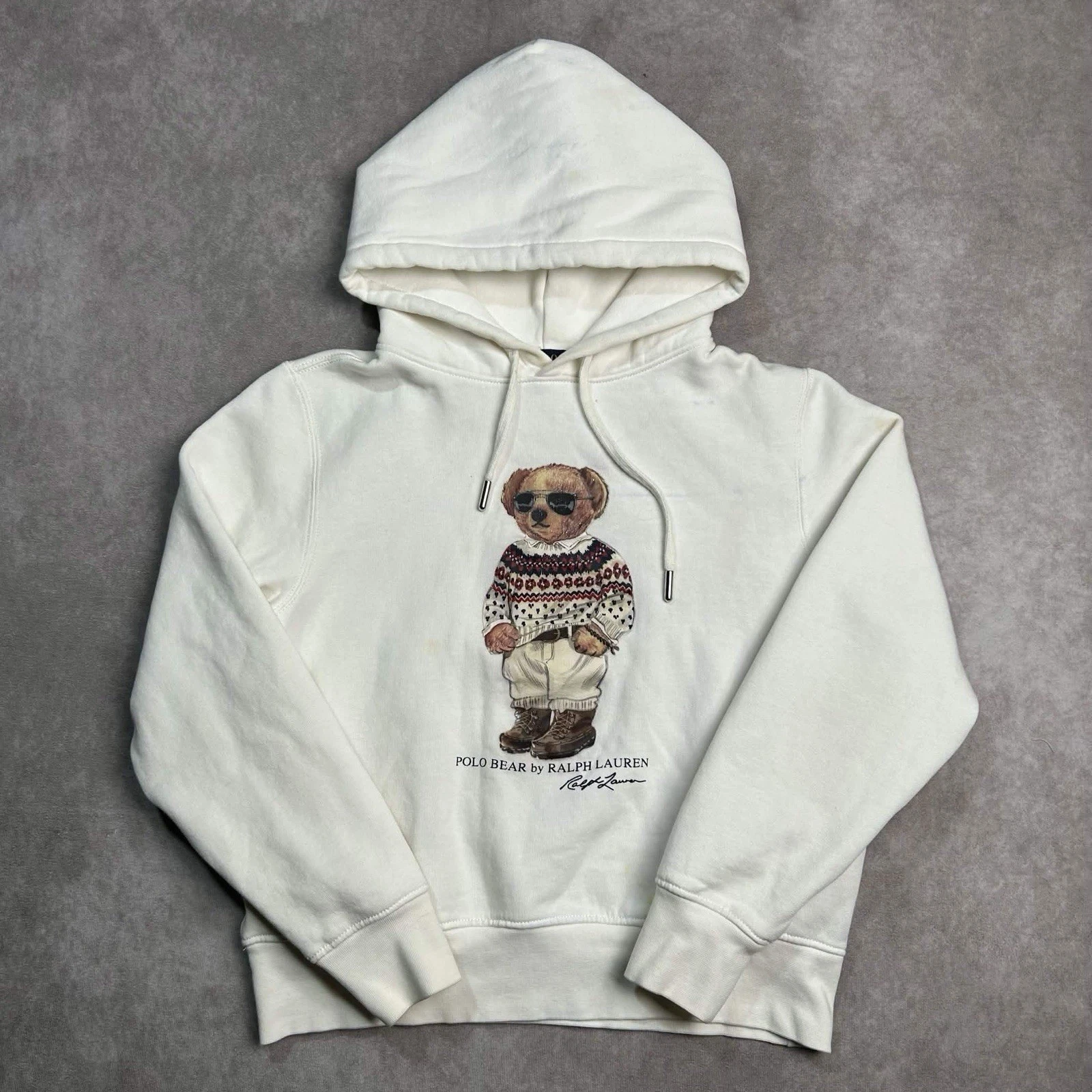 Polo Ralph Lauren Women White Polo Bear Fleece Sweatshirt Hoodie Pullover Small*