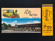 Ritz Motel San Bruno California 1959 postcard & match cover