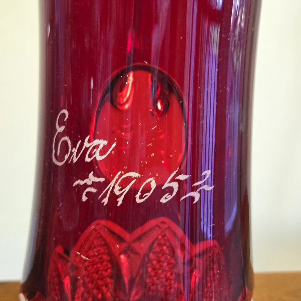 Antique Souvenir Large Ruby Flash Glass Water Tankard Pitcher "Eva 1905" 11 3/4" - Image 3 of 4
