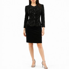 90s Vintage Black Velvet Pencil Skirt  Jacket Set Paisley Print Evening Suit M