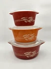 Set of 3 Vintage Pyrex Autumn Harvest Wheat Casserole Dishes w/ Pyrex Lids EUC