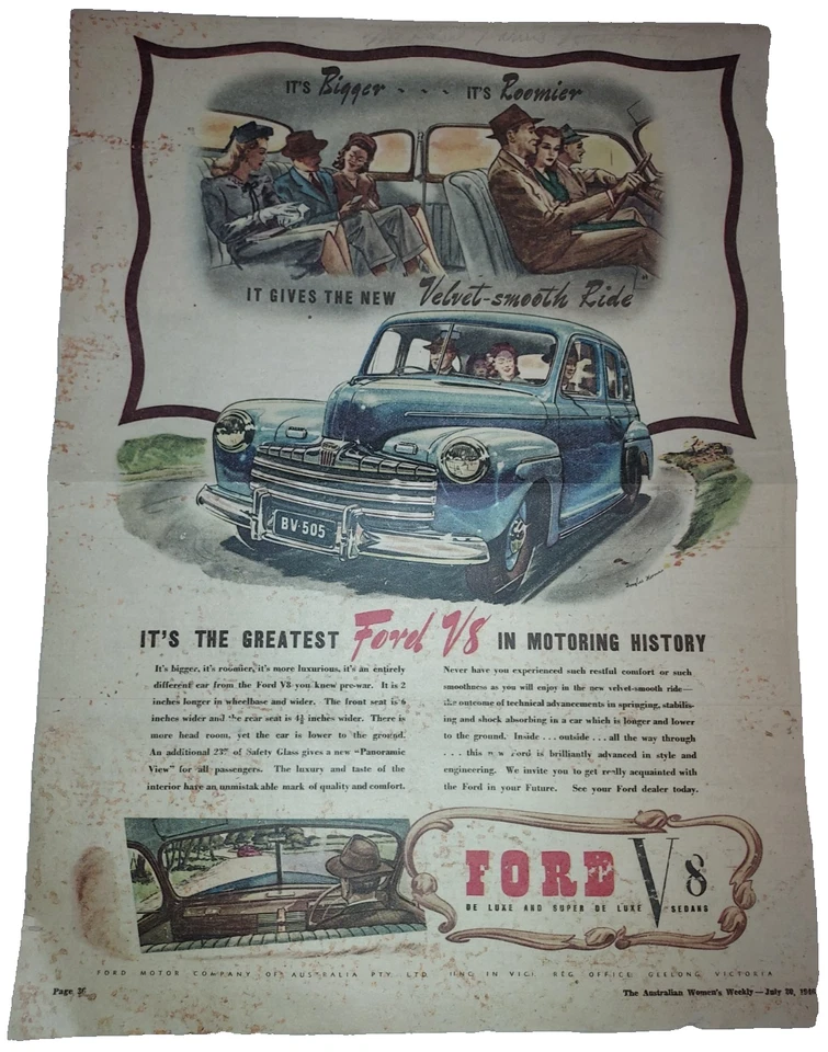 Vtg 1946 Ford V8 38cm x 28cm Full Page Original Colour Print Advertising - image 1 of 4
