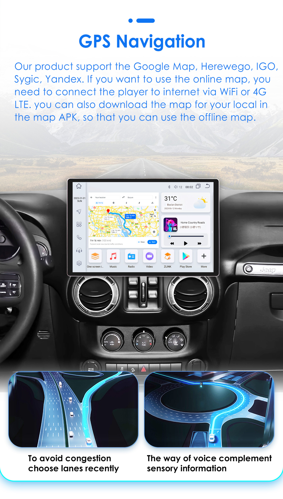 13.1 Inch Car Radio Stereo WiFi forJeep Wrangler Chrysler Radio GPS Navi DSP BT5