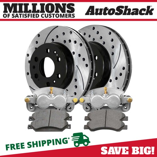 Front Brake Caliper Ceramic Pad Drilled Slotted Rotor Kit For GMC 