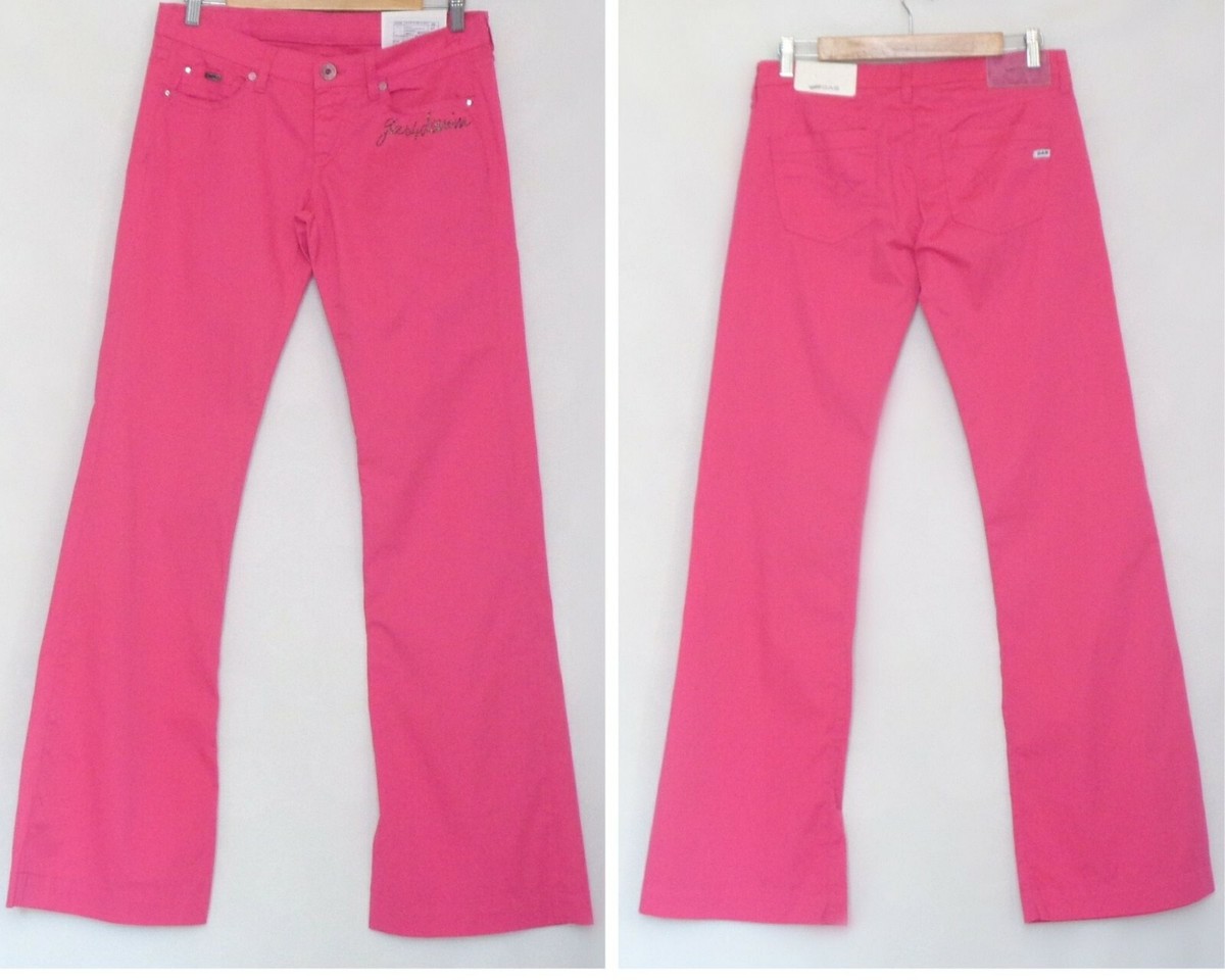 Pink wide leg jeans Flared leg pants Fuchsia trousers Stretch Size