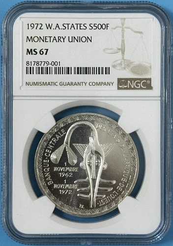 West African States 1972 500 Francs SIlver Coin Monetary Union Blazing NGC MS 67