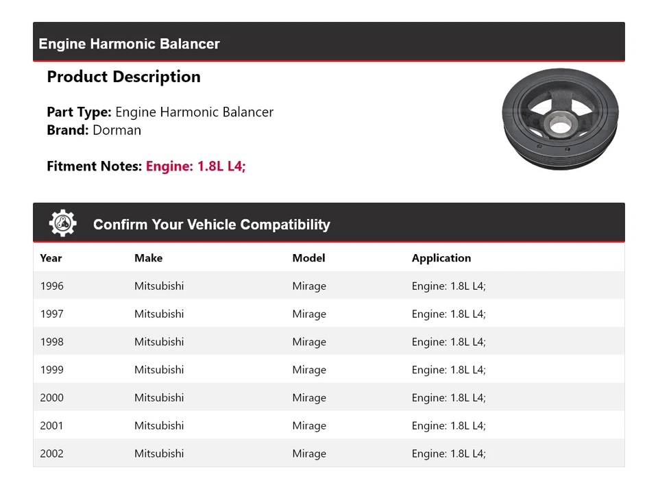 Equilibrador armónico de motor Dorman L4 1,8 L 1996-2002 Mitsubishi Mirage 1997 Foto 2 de 4