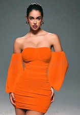 Orange Strapless Pleated Buss Dress