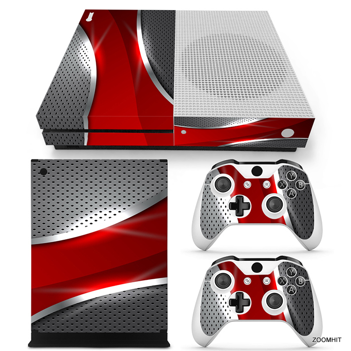 Xbox One S Console Skin Decal Sticker Red & Chrome + 2 Controller Skins Set-image