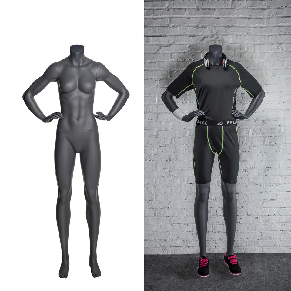 Manequim adulto feminino construção atlética cinza fosco fibra de vidro sem cabeça com base - Imagem 3 de 3