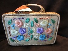 Vintage Wicker Box Handbag Donna A Division Embroidery front panel 1950s NOS tag