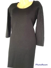 Studio One NY Sweater Dress Women's Sz M Black Beaded Crystals Sleeve A-Line Kni