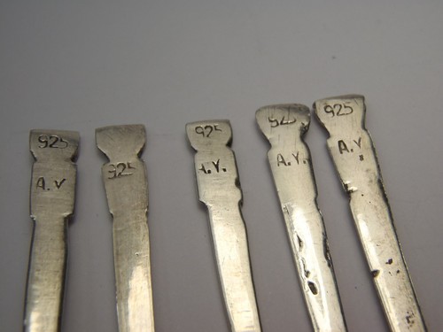SELTEN ANTIK 925 Mexikanische Silber Oliven Plektren/Cocktail Gabeln Set 8 Figuren/Maya? - Bild 6 von 22