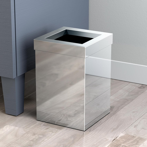Modern Square Waste Basket and Toilet Brush Set, Chrome - Stainless Steel Trash - Picture 6 of 8